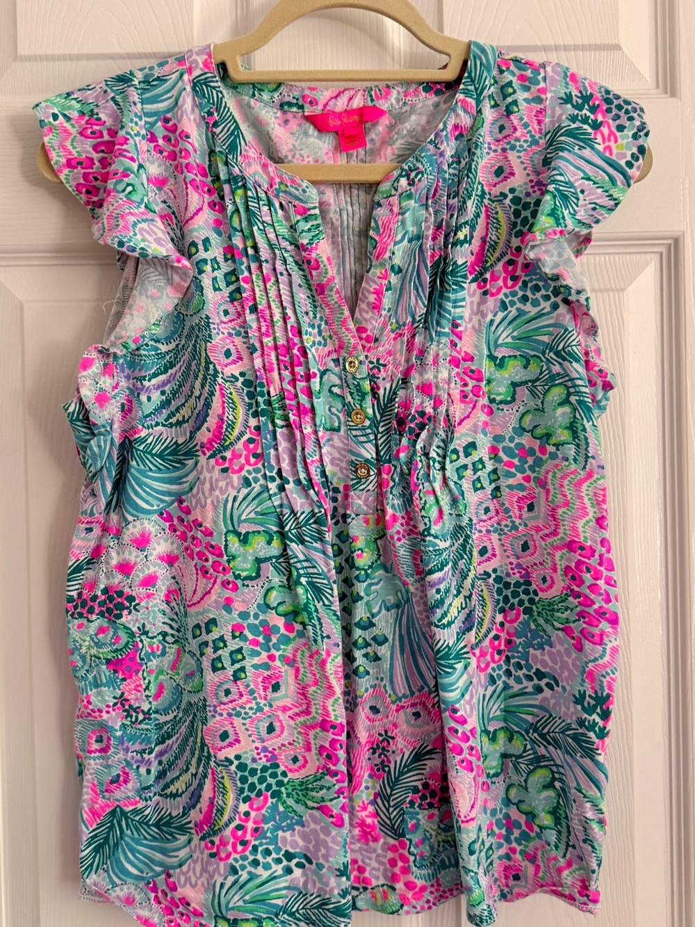 Lilly Pulitzer Pink, Green & Aqua Floral Flutter Sleeve Top